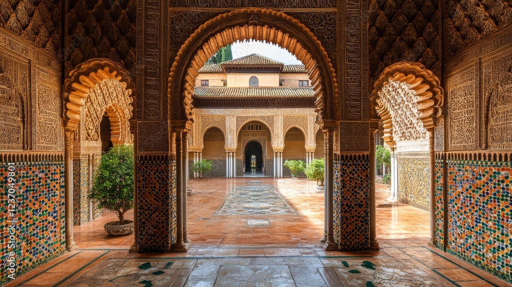 Obraz premium This image showcases the intricate architecture of a beautiful palace in Morocco, emphasizing the fusion of history, culture, and stunning design elements.
