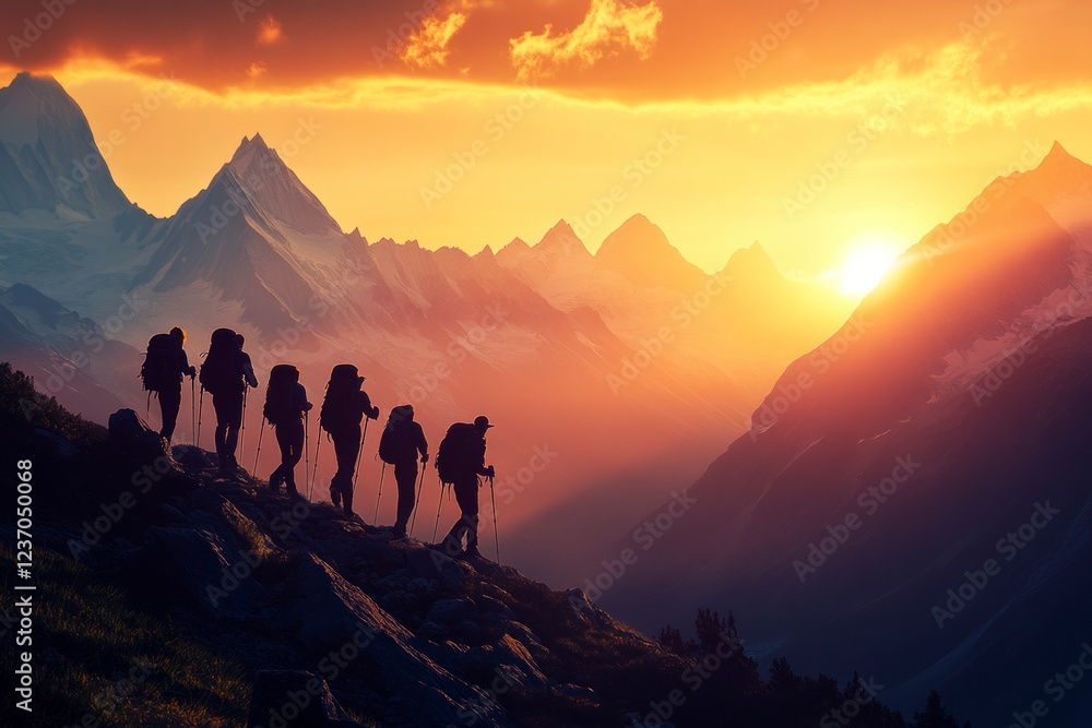 Silhouettes of hikers with backpacks against the backdrop of mountains at sunset. A group walks along an ancient path, climbing to high mountain peaks. Silhouettes of hikers with backpacks against the backdrop of mountains at sunset. A group walks along an ancient path, climbing to high mountain peaks.