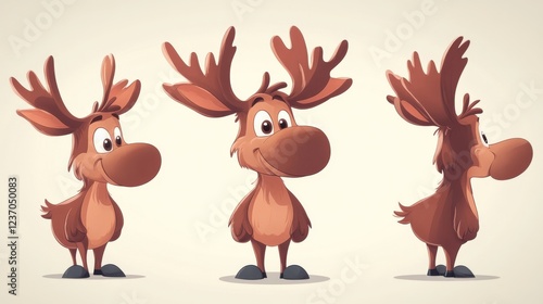 A set of playful cartoon moose character designs showing various angles, each radiating a cheerful vibe ideal for children’s content, animations, or illustrations in a fun style. photo