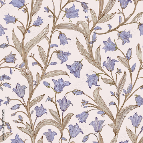 A floral wallpaper pattern featuring bluebell flowers on a white background.