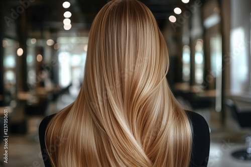 Back view of a blonde woman displaying her perfect, straight, and shiny hair while sitting in a hairdressing salon, embodying the essence of hair care and beauty treatments