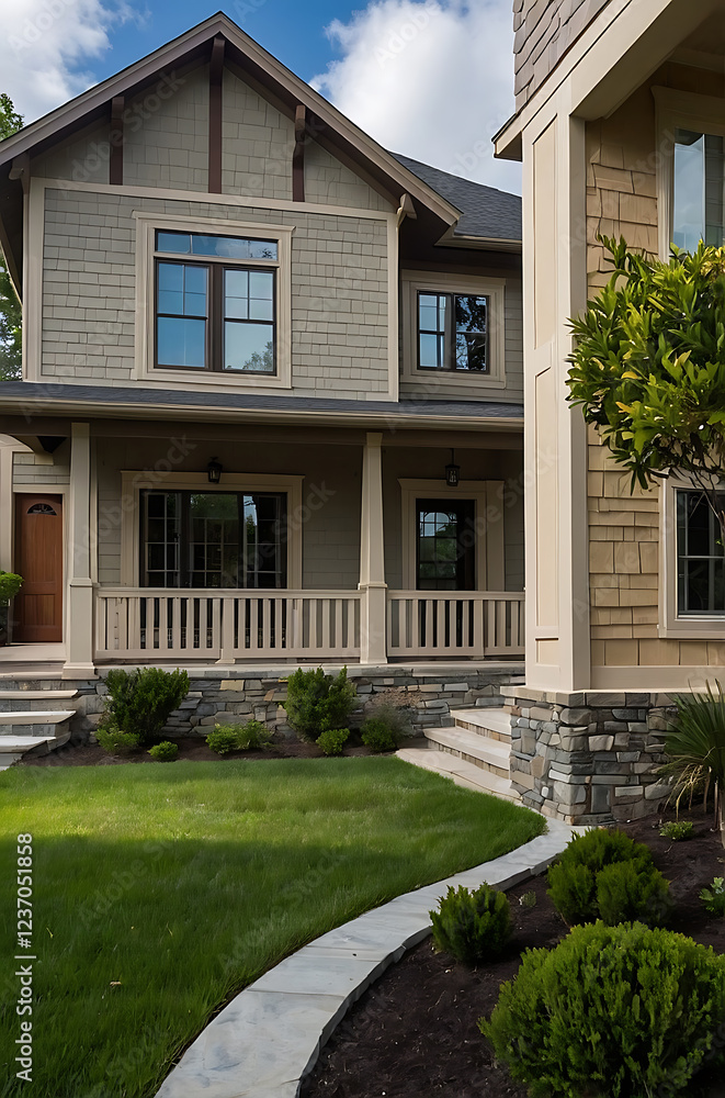 Obraz premium Luxury Modern Home Exterior: Stunning Architectural Design, Landscaping, and Stonework