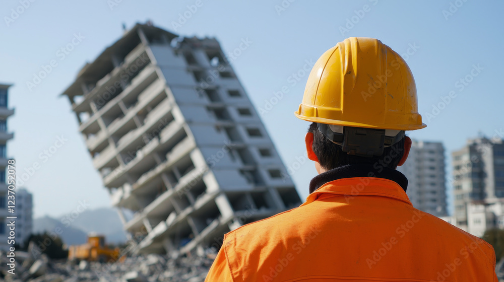 structural engineer observing leaning apartment building after earthquake structural engineer observing leaning apartment building after earthquake