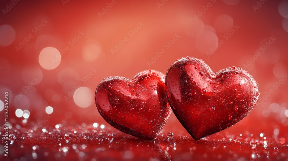 Fototapeta premium This image captures two sparkling red hearts adorned with delicate water droplets, set against a dreamy bokeh background, symbolizing romance and special moments.
