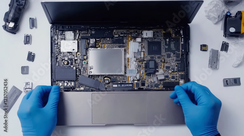 Detailed view of technician dismantling laptop for repair and maintenance