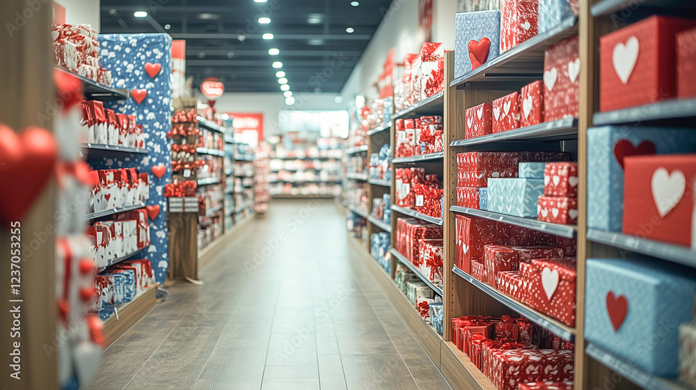 Colorful aisles filled with heart-themed gift boxes ready for a festive celebration in a retail store