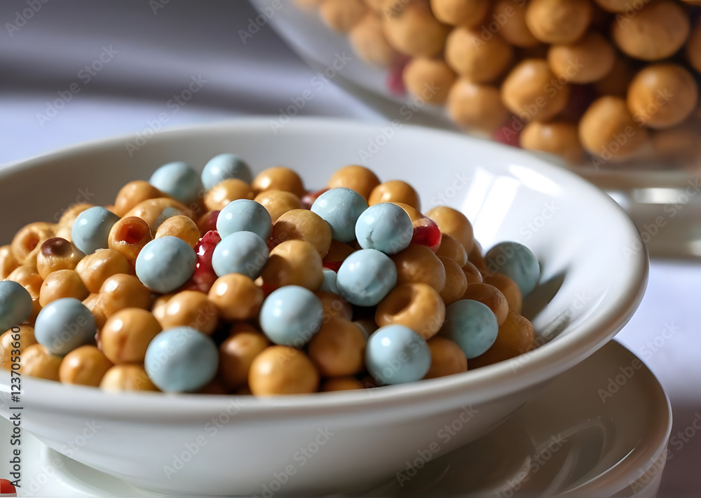 Festive Struffoli in a white bowl, featuring golden fried dough balls, vibrant blue and red candied fruits. Festive Struffoli in a white bowl, featuring golden fried dough balls, vibrant blue and red candied fruits.