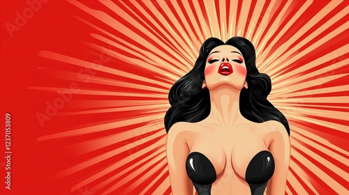 A sultry illustration of a young woman with long black hair against a vibrant red and orange sunburst background.