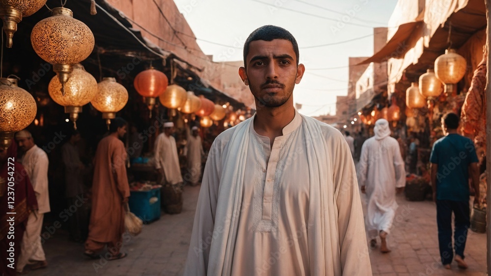 Fototapeta premium Young Arab Man in Modern Thawb at Sunset Souk: Golden Hour Cultural Scene with Brass Lanterns, Silk Textiles, and Spice Stalls for Travel or Lifestyle Branding