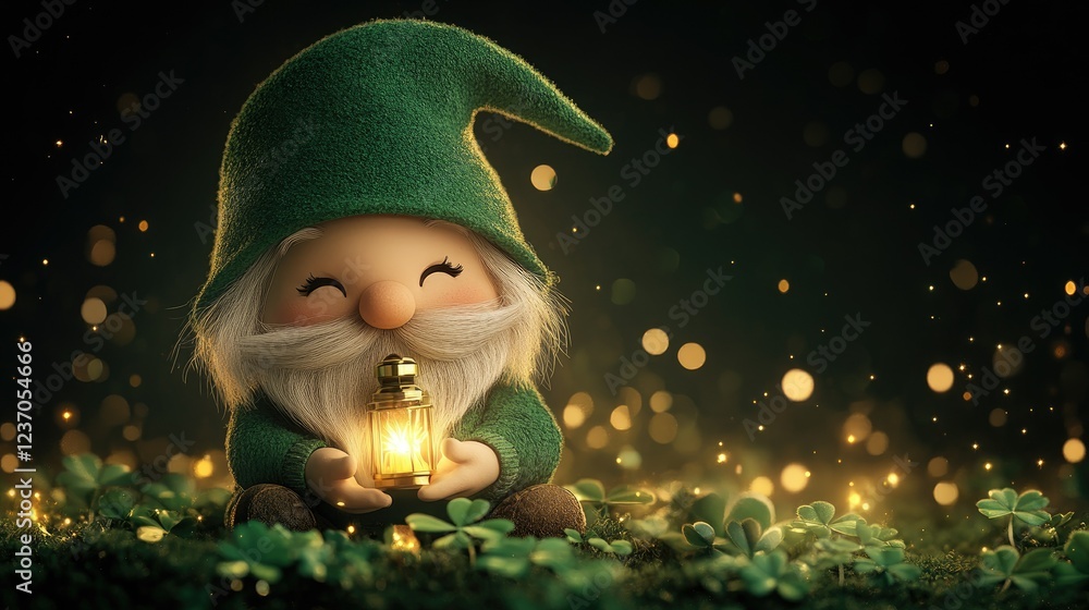 Obraz premium Happy Saint Patricks Day banner with cute Irish gnome leprechaun character on green background with copy space and gold bokeh lights.