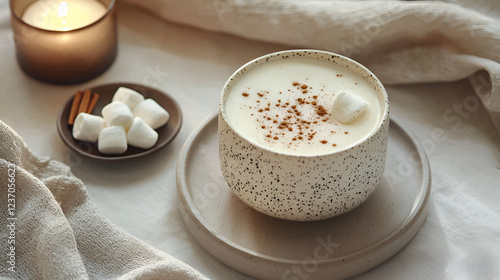 Cozy winter beverage: creamy hot drink topped with marshmallows and cinnamon. photo