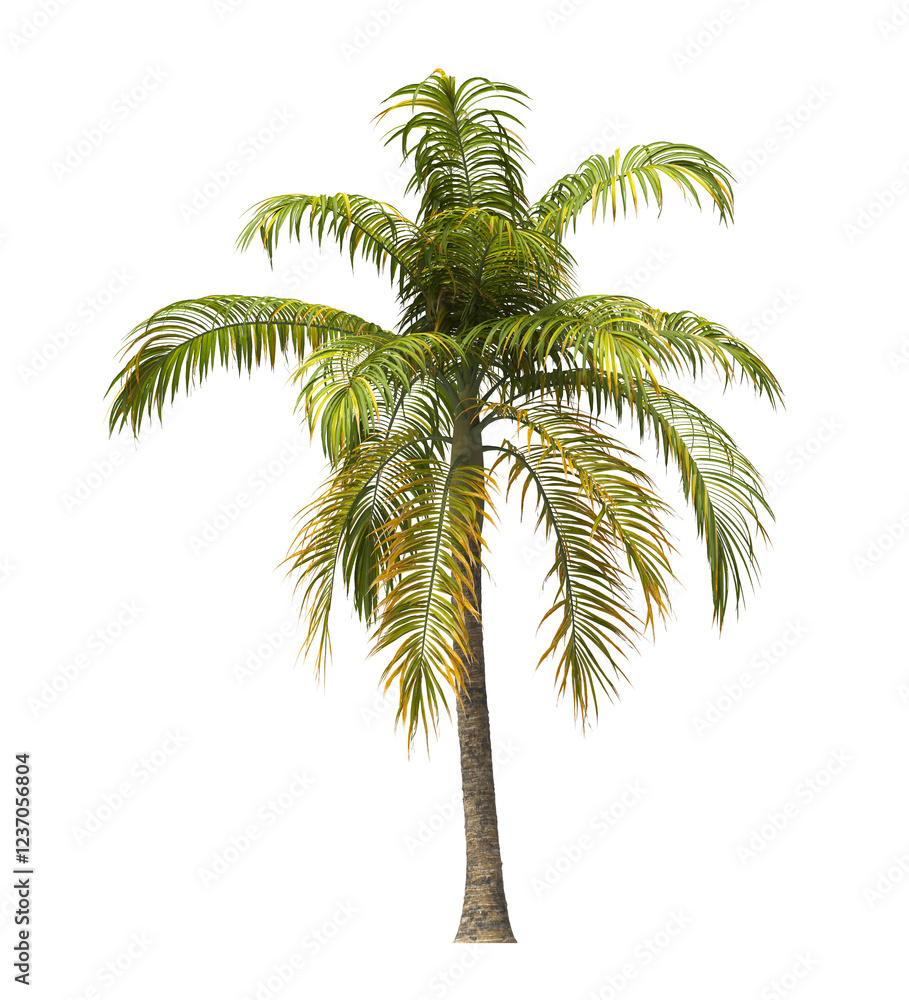 Obraz premium Single palm Tree isolated on transparent background. big old palm tree with green leaves on transparent background. PNG palm tree on white background. cutout palm tree leaves. Dictyosperma album. 