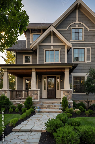 Wallpaper Mural Luxury Craftsman Home Exterior: Gray Siding, Stone Accents, and Landscaping Torontodigital.ca