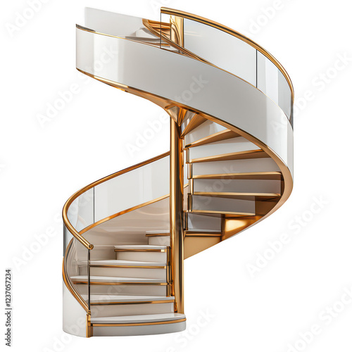 spiral staircase with gold railings isolated on transparent background photo