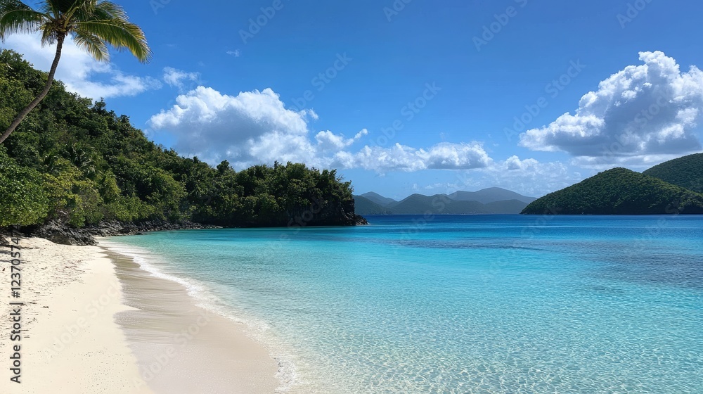 Serene Tropical Beach Scene With Lush Greenery And Clear Water Serene Tropical Beach Scene With Lush Greenery And Clear Water
