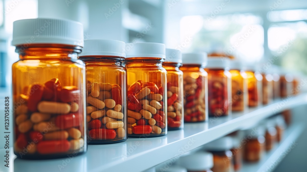 A well-organized shelf of amber medicine bottles filled with various capsules, showcasing health and wellness essentials available in pharmacies or clinics. A well-organized shelf of amber medicine bottles filled with various capsules, showcasing health and wellness essentials available in pharmacies or clinics.