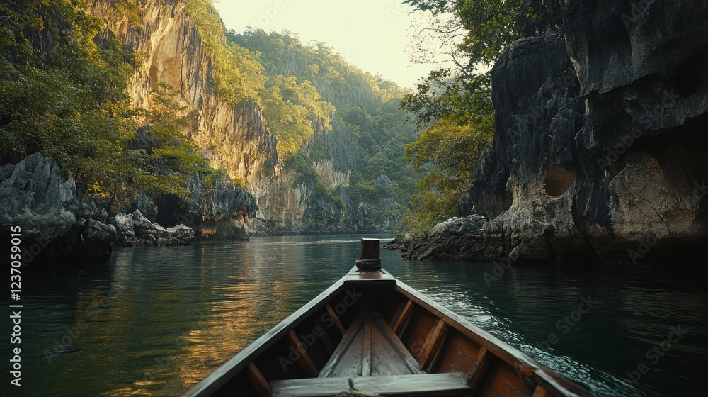 Fototapeta premium The view from the bow of a long-tail boat, showcases the tropical greenery and rocky cliffs, offering an adventurous travel experience. 