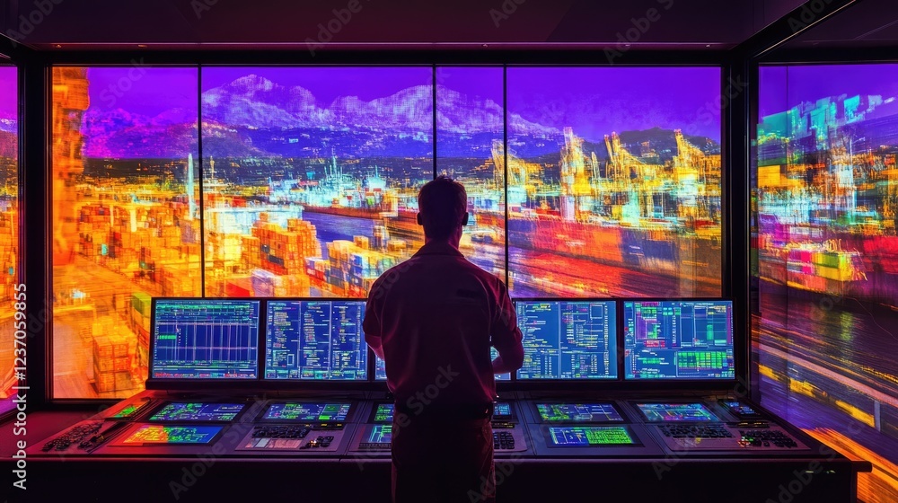 Naklejka premium Operator Monitoring Port Activity Via Computer Screens