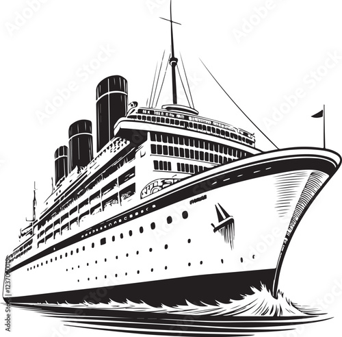 Cruise Ship Travel Transport Sketch Drawing Linear Line Art Engraving Black and White Vector Illustration, Isolated