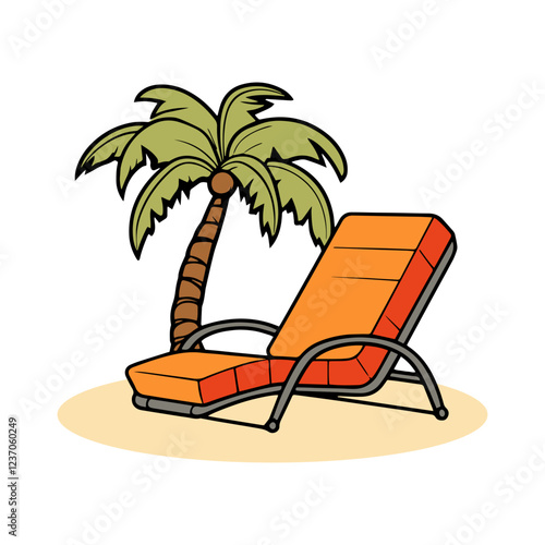 Relaxing Beach Chair Under a Tropical Palm Tree, A cheerful cartoon illustration of an orange chaise lounge on a sandy beach, shaded by a lush green palm tree.