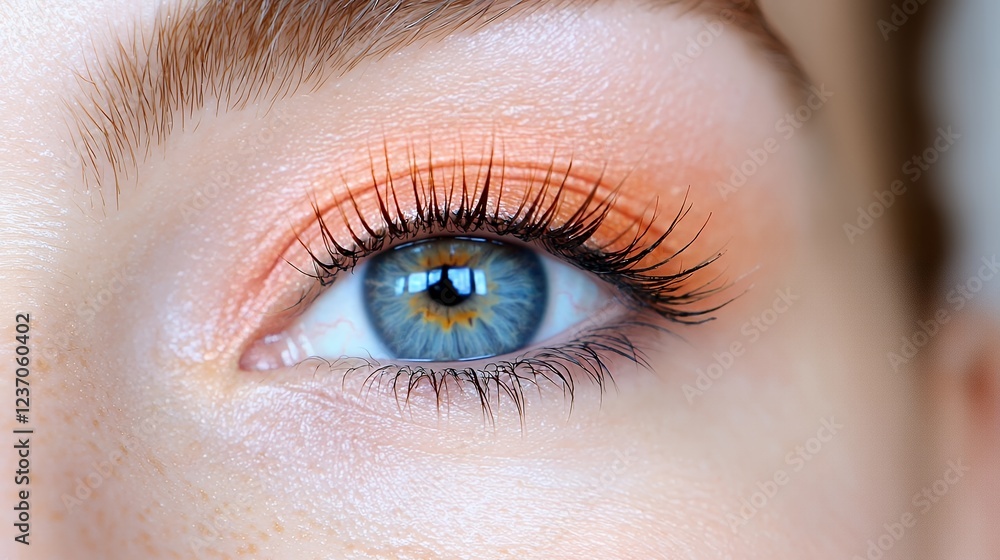 Fototapeta premium Close-up of a woman's eye with peach eyeshadow