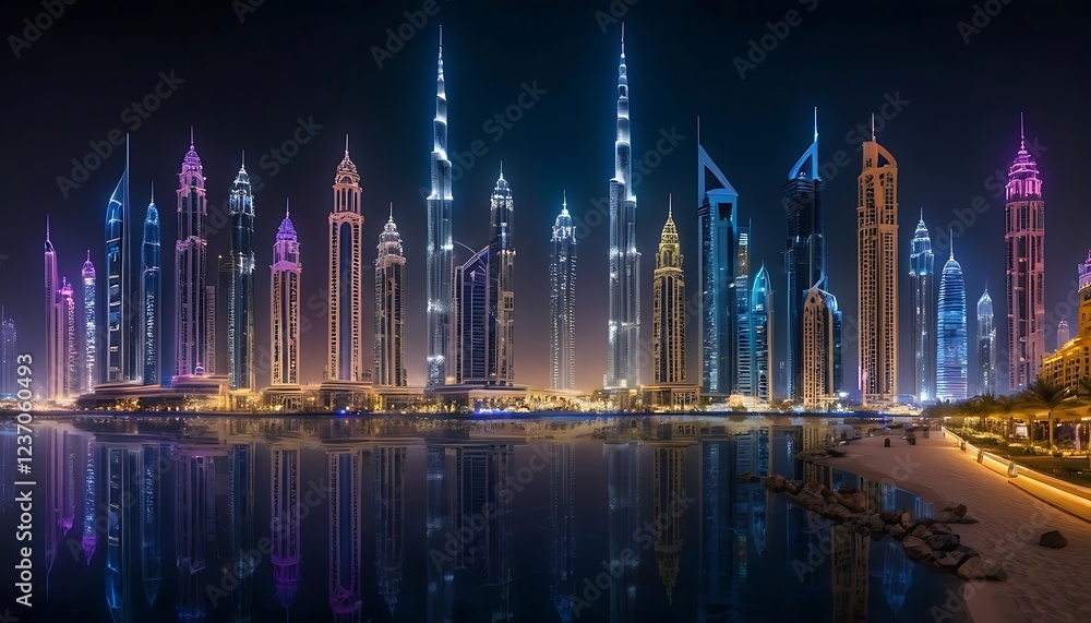 Fototapeta premium Dubai Skyline: Night's Vibrant Towers and Serene Reflections