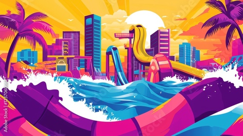 Bright and vibrant water park with slides and city skyline during sunset in a tropical setting. Generative AI