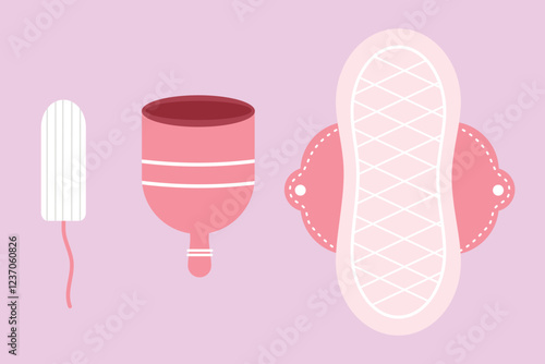 Menstrual pads set with eco friendly products. Reusable menstrual pads. Zero Waste woman menstrual period. Flat style design element set. Suitable for clip art, stickers, flat design illustration, etc