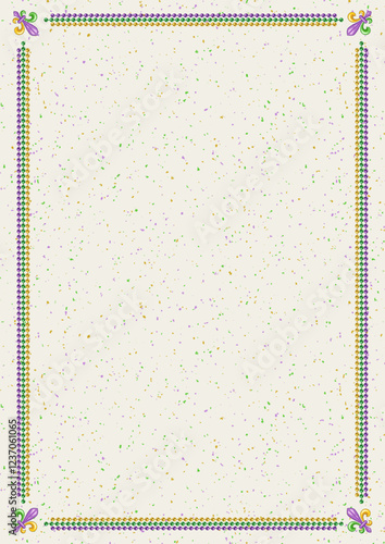 Vertical symmetrical rectangular frame made with bead strings, Fleur de Lis sign. For Mardi Gras holiday decoration in vintage style. Textured white background. Template for menu, poster, invitation