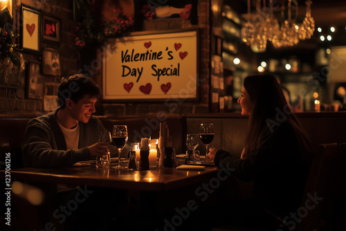 A cozy and intimate Valentine's Day dinner for a young couple, surrounded by candles and soft lighting, creating a warm romantic setting.