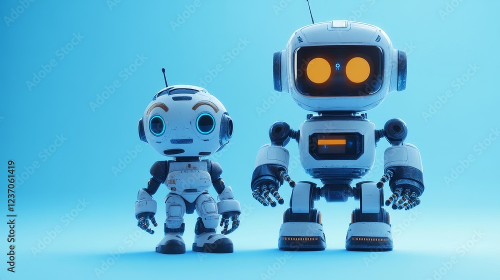 Cute cartoon robots in different shapes and sizes stand together on a blue background, showing the idea of artificial intelligence. Cute cartoon robots in different shapes and sizes stand together on a blue background, showing the idea of artificial intelligence.