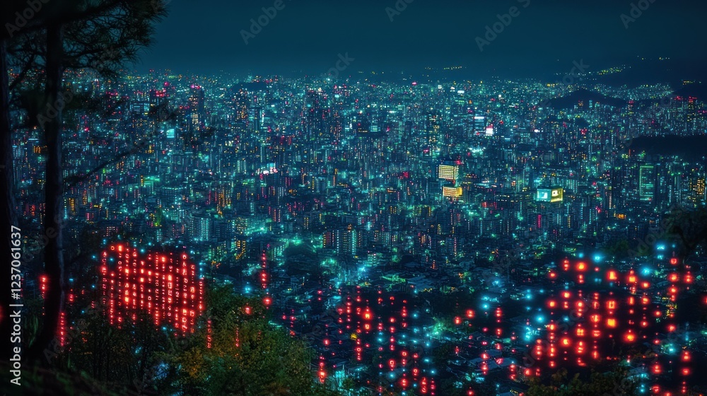 Night Cityscape: A breathtaking panoramic view of a sprawling metropolis illuminated at night, with vibrant lights creating a mesmerizing urban landscape.
