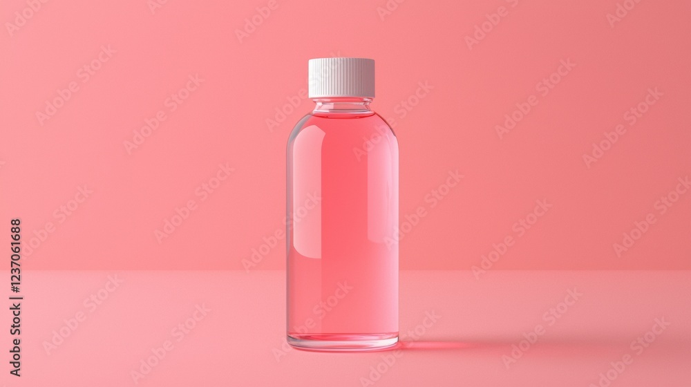 Transparent bottle filled with pink liquid set against a soft pink background during daylight. Generative AI Transparent bottle filled with pink liquid set against a soft pink background during daylight. Generative AI