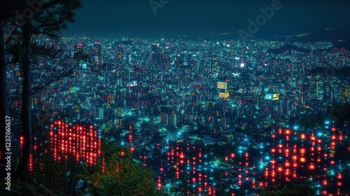 Obraz na płótnie Night Cityscape: A breathtaking panoramic view of a sprawling metropolis illuminated at night, with vibrant lights creating a mesmerizing urban landscape. w salonie
