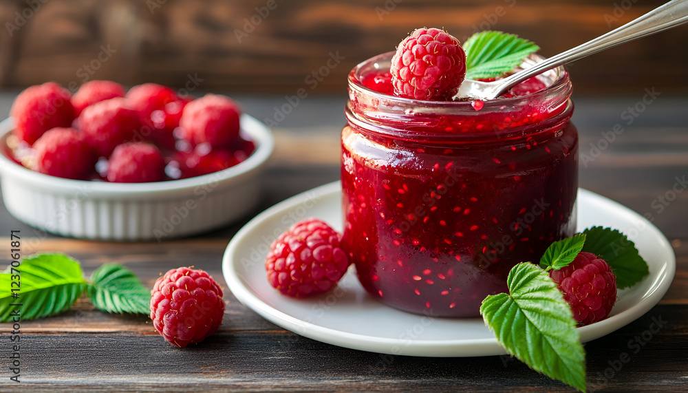 Fresh raspberries and jam .Selective focus Fresh raspberries and jam .Selective focus