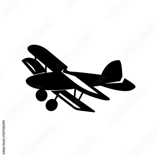 Vintage Biplane Silhouette in Simple Black and White, A bold, simple silhouette of a vintage biplane against a plain white background.