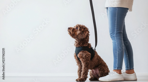 Professional pet sitter managing a dog in studio setting for training and care concept photo