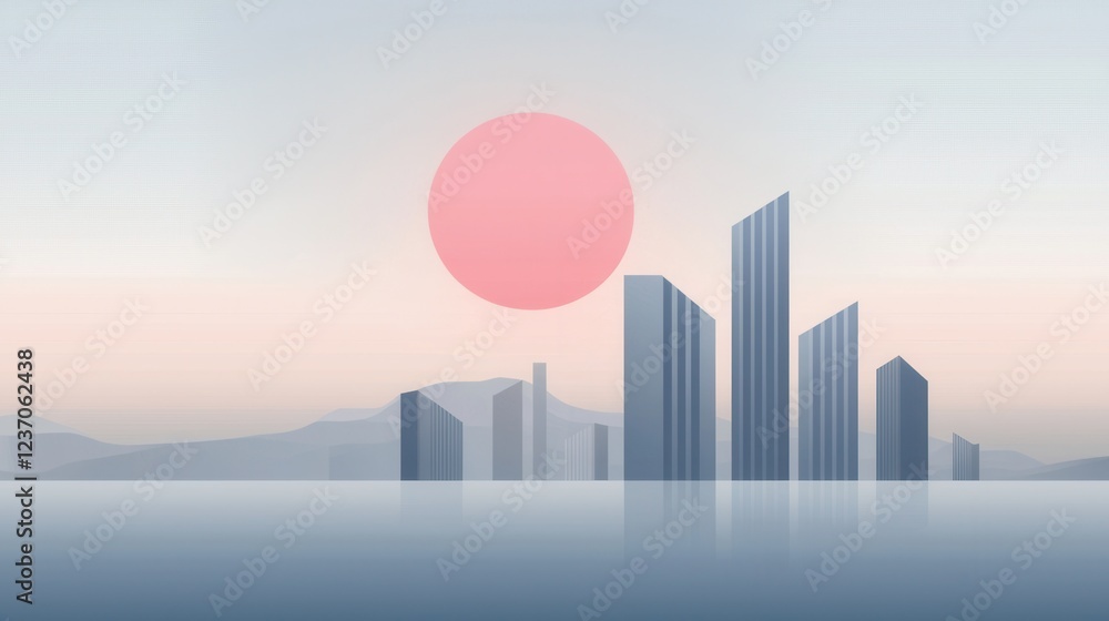 Fototapeta premium Digital illustration of a city skyline at sunset. the sky is a light blue color with a pink circle in the center.
