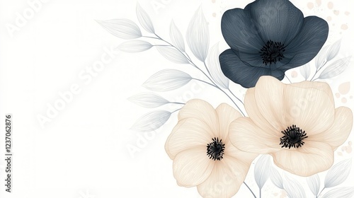 Illustration of three flowers on a white background. the flowers are black and beige in color and are arranged in a symmetrical pattern. photo