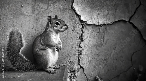 Squirrel resting against a cracked wall during a quiet moment in the city. Generative AI