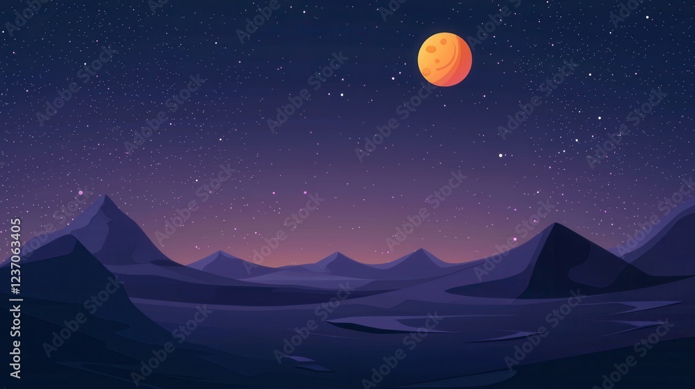 Obraz premium Digital illustration of a night sky with a full moon in the top right corner. the sky is filled with stars and the moon is a bright orange color.