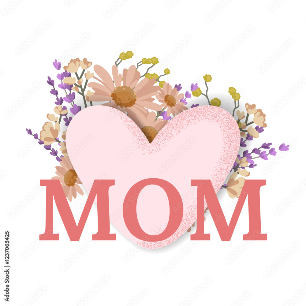 Fototapeta premium Mother's Day concept Heart with wildflowers and MOM Text. Heart shaped floral design with MOM typography, wildflowers. Perfect for Mother's Day cards, gifts, greeting designs.Vector illustration