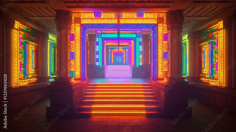Neon Lit Ancient Temple Hallway Steps Neon Lit Ancient Temple Hallway Steps