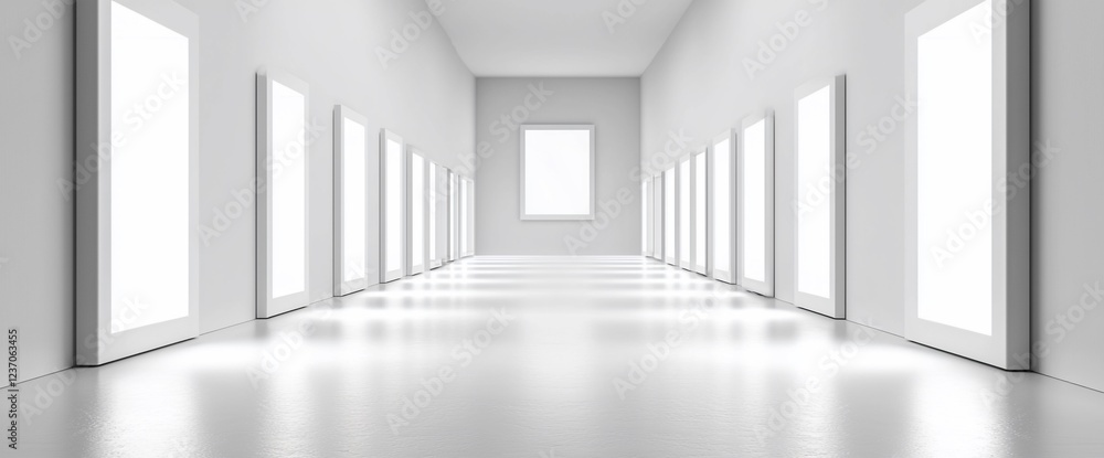 Fototapeta premium Bright white hallway with doors and window.