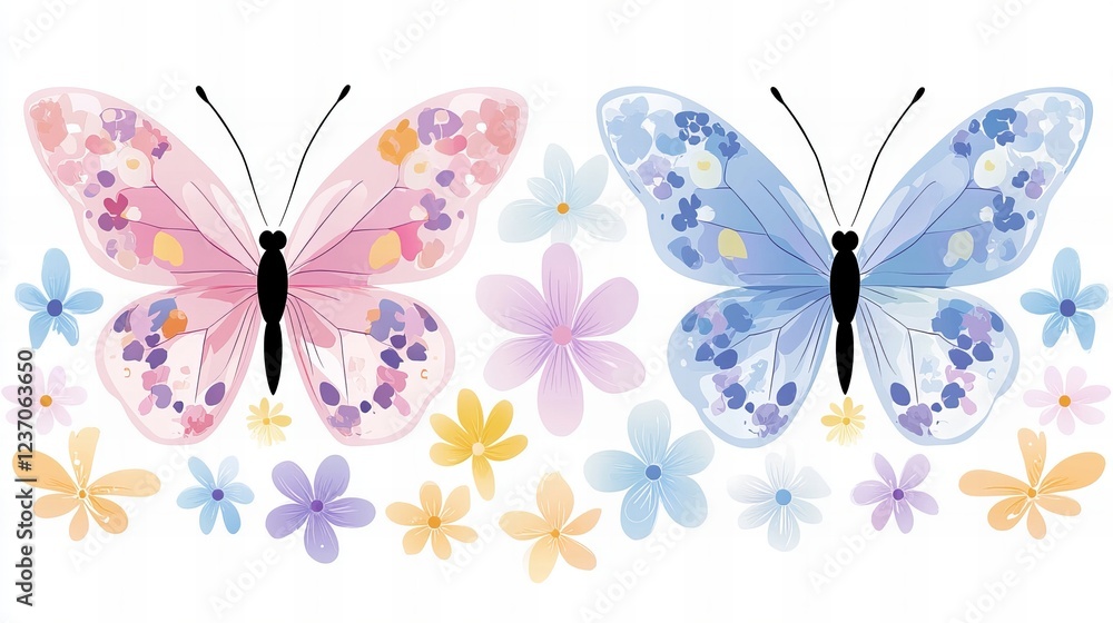 Pastel pink and blue butterflies flutter amidst delicate floral accents, creating a whimsical and serene scene. Pastel pink and blue butterflies flutter amidst delicate floral accents, creating a whimsical and serene scene.