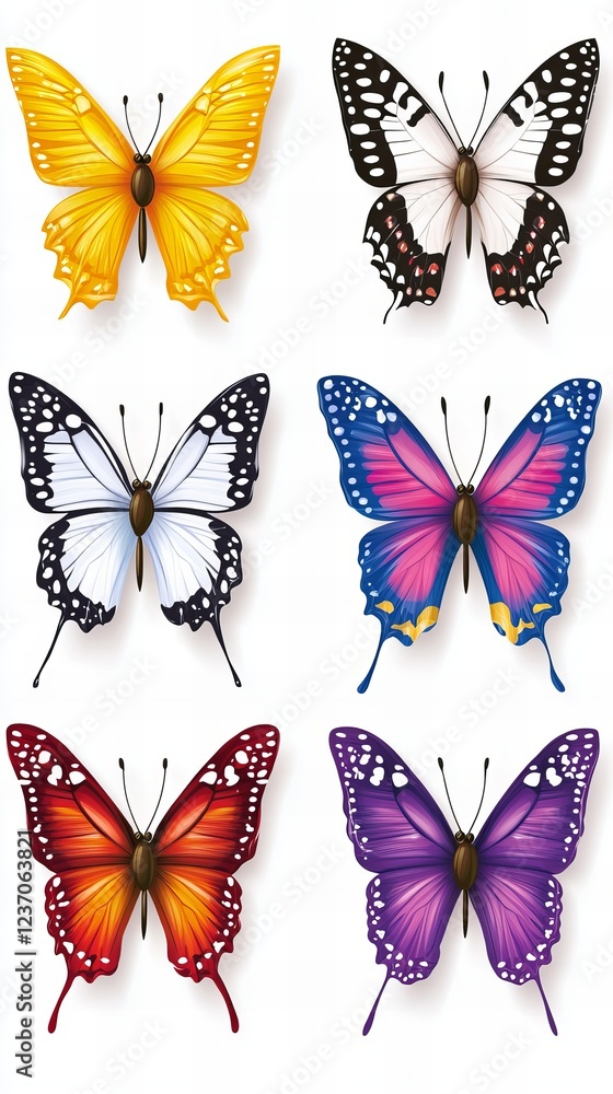 Six colorful butterflies with vibrant wings, isolated on a white background. A perfect representation of nature's beauty. Six colorful butterflies with vibrant wings, isolated on a white background. A perfect representation of nature's beauty.