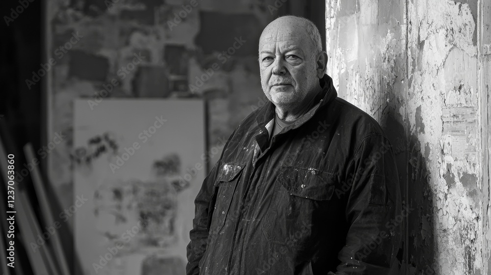 Fototapeta premium Elderly artist in studio reflecting on years of creativity and craftsmanship amidst textured walls. 