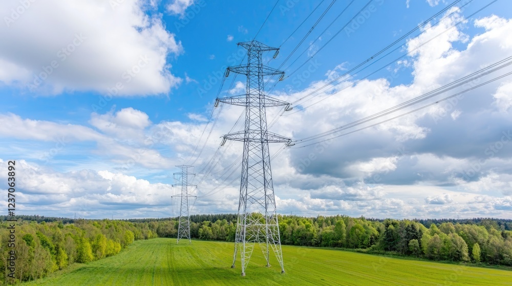 Power lines across green field, blue sky. Energy infrastructure