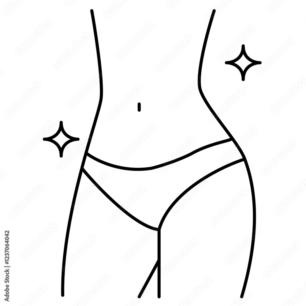 Obraz premium Stylized illustration of a woman’s athletic body in lingerie with highlighted waist and hips, surrounded by star symbols that represent shine and beauty, symbolizing an ideal fitness body.