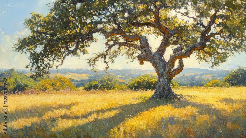 Fototapeta premium Majestic Oak Tree in Golden Sunlight Over Rolling Hills